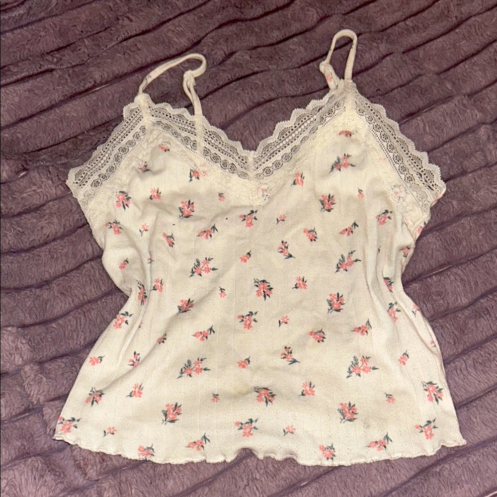 No Boundaries Cream Floral Lace Trim Crop Top